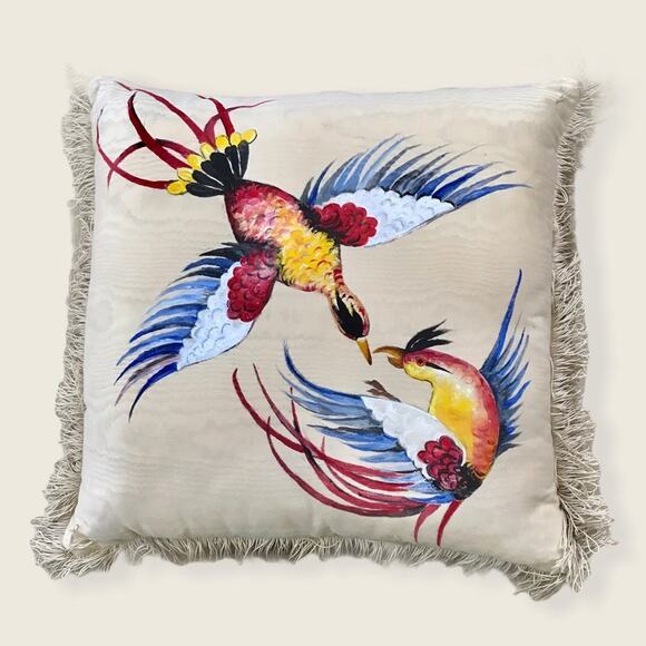 Vintage Hand Painted Two Birds Quails in Flight Ivory Silk Pillow with Fringe - Picture 1 of 8